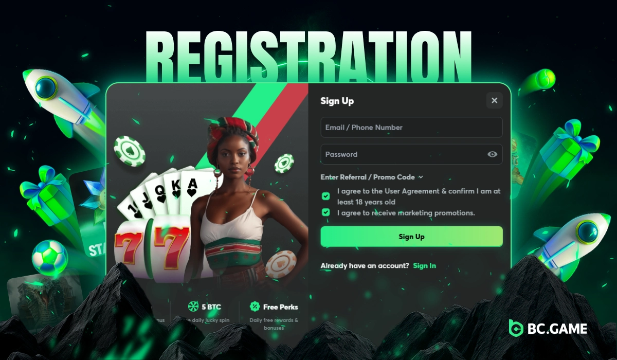 BC.Game Nigeria registration form surrounded by gifts, rockets, and gaming icons on bright glowing gradient background.