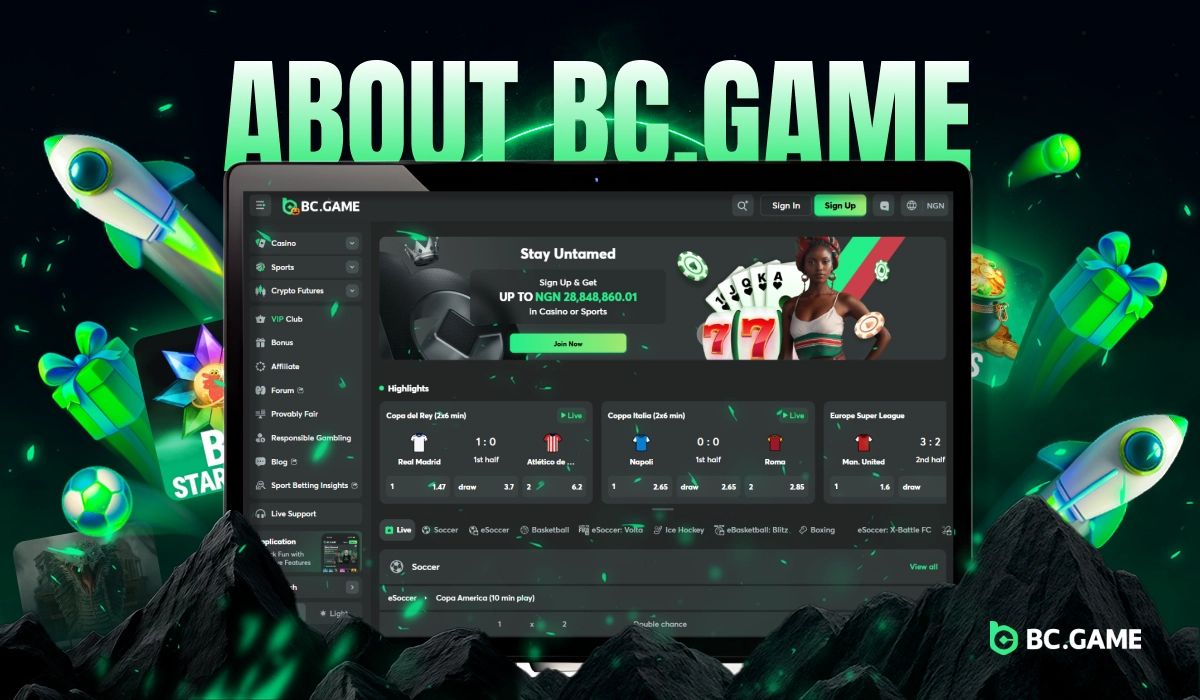 About BC.Game Nigeria online casino and sports betting platform interface with green glowing gradient background and futuristic rocket elements.