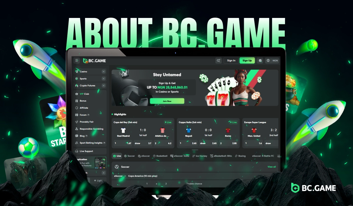 About BC.Game Nigeria online casino and sports betting platform interface with green glowing gradient background and futuristic rocket elements.