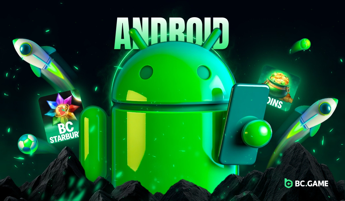 3D Android mascot holding a smartphone representing the BC.Game Nigeria Android app on a bright green glowing gradient background.