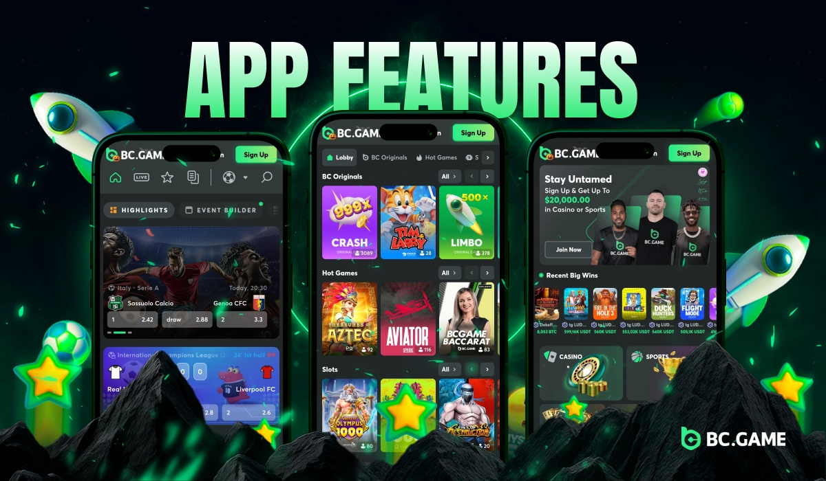 BC.Game Nigeria app features displayed on three smartphones showing different screens of the official mobile application with glowing green stars below.