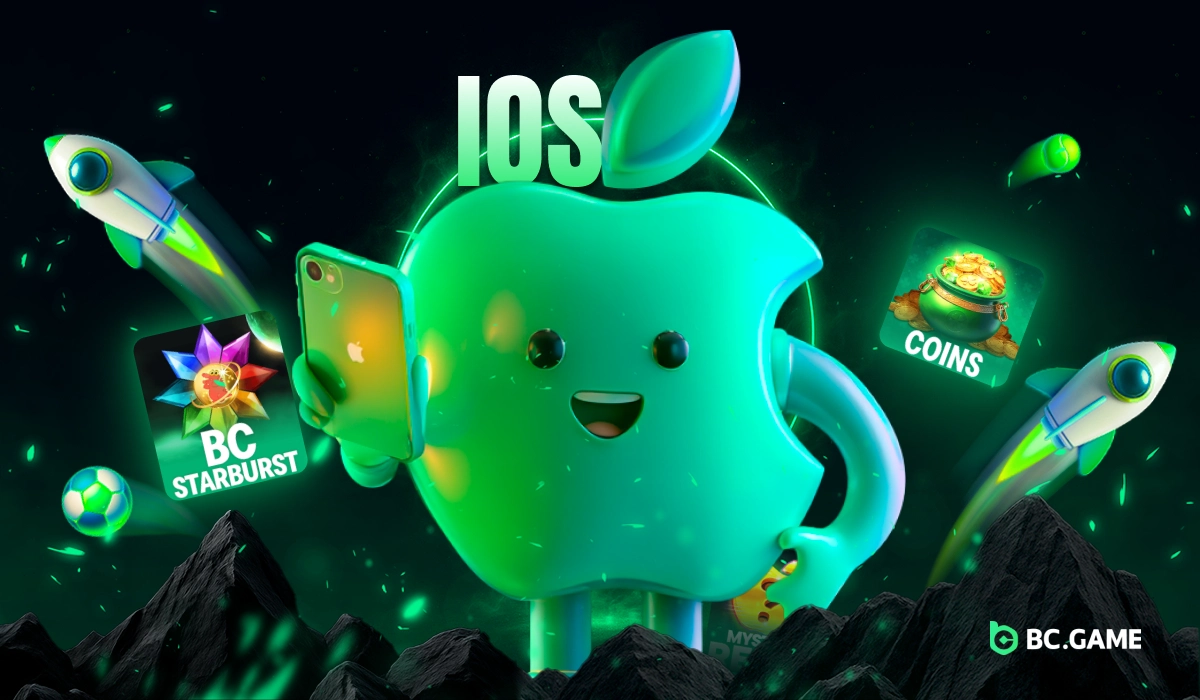 3D Apple icon character smiling and holding a phone, symbolizing the BC.Game Nigeria iOS mobile application on a green illuminated background.