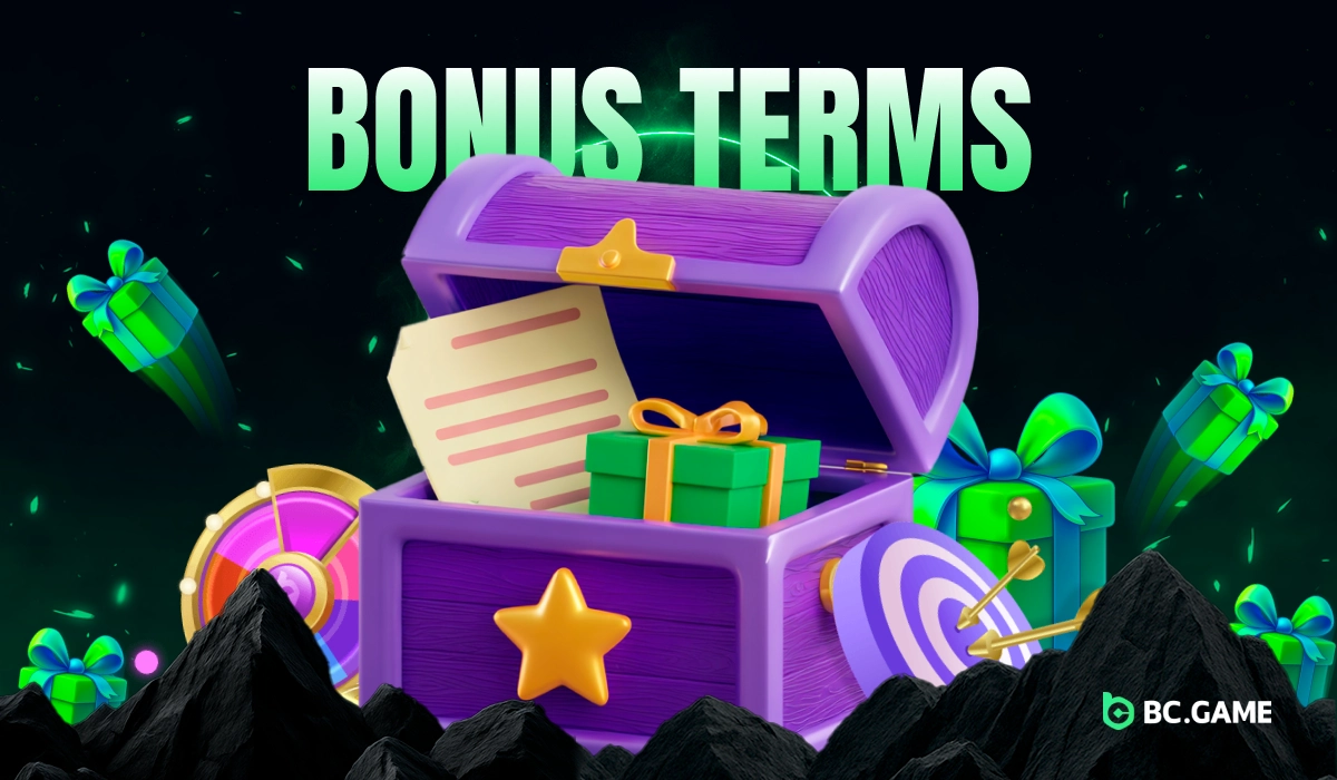 Purple open chest with a document and gift box symbolizing BC.Game Nigeria bonus terms and conditions on bright gradient background.