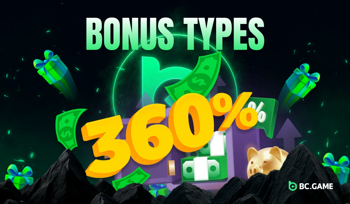 3D text “360%” with a money safe, piggy bank, and floating cash illustrating BC.Game Nigeria bonus types on glowing green background.