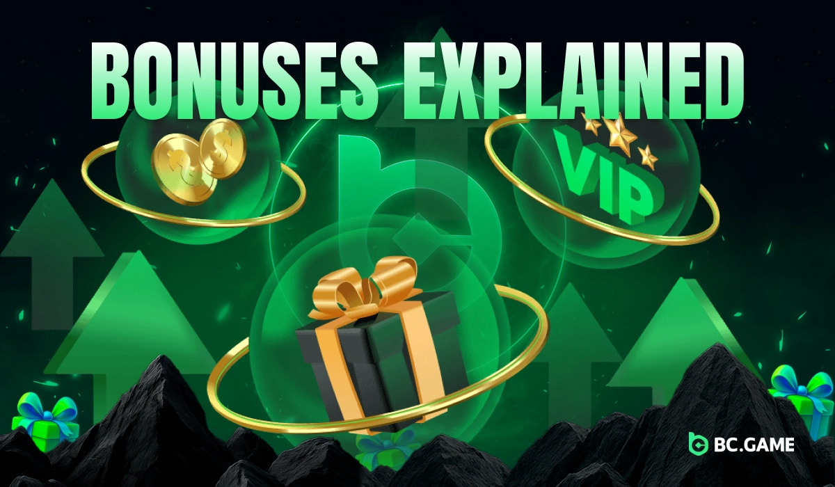 Gift box, coins, and VIP badge inside a green bubble surrounded by rising arrows representing BC.Game Nigeria bonus explanation.