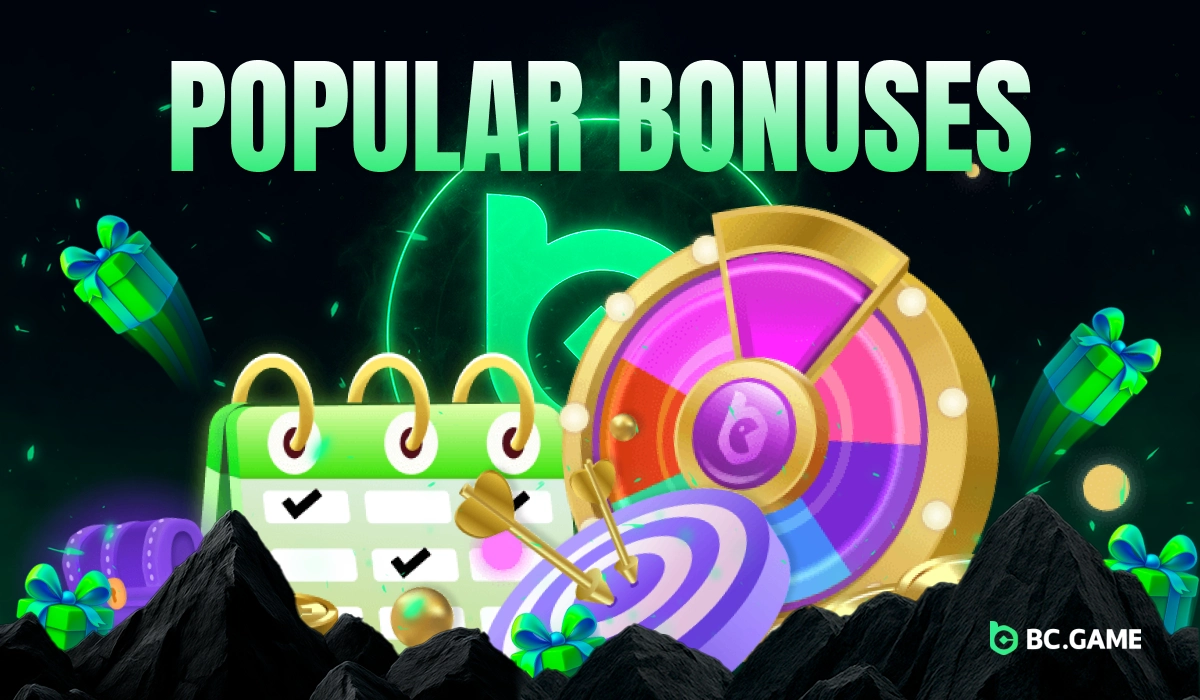 3D wheel of fortune, treasure chest, calendar, coins, target, and gift boxes representing popular bonuses on BC.Game Nigeria.