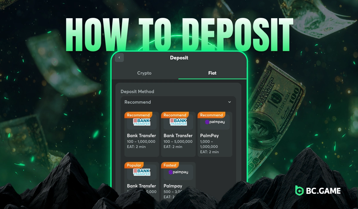 Official BC.Game Nigeria deposit page with flying dollar bills on bright green gradient background symbolizing fast and secure deposits.
