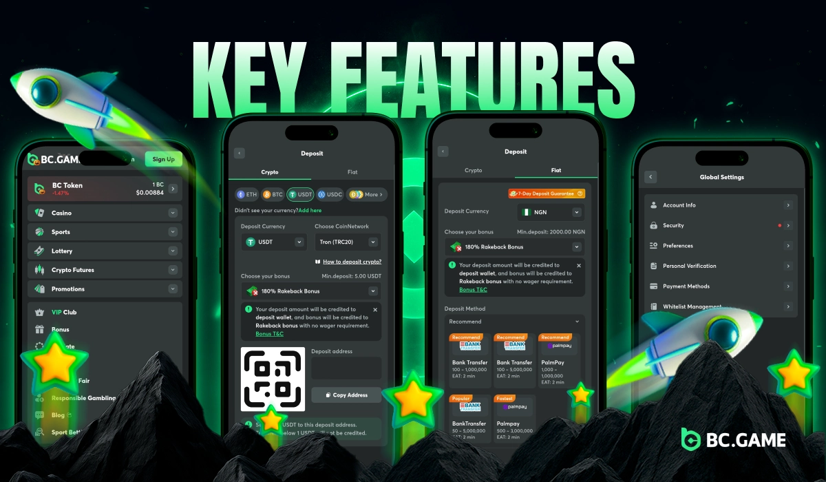BC.Game Nigeria key features displayed on four smartphones showing payment methods, menu, and account settings with stars below on green gradient background.