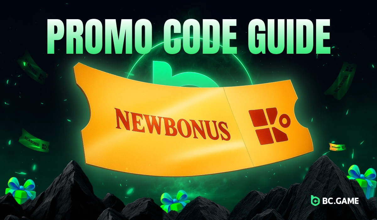 Golden promo code NEWBONUS surrounded by gifts and coupons representing BC.Game Nigeria promo code guide on glowing green background.