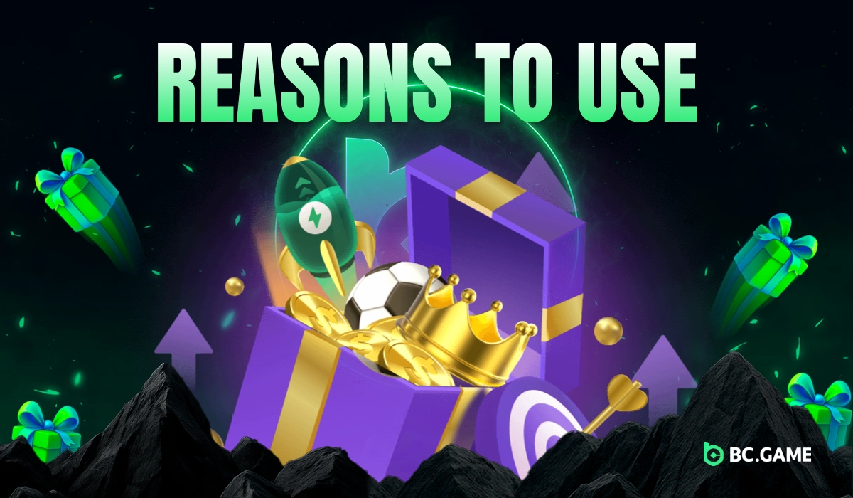 Purple open box filled with golden coins, football, and crown with rocket behind it symbolizing reasons to use BC.Game Nigeria promo codes.