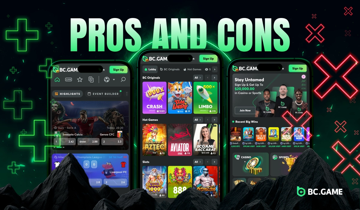Smartphones showing BC.Game Nigeria app interface with green check marks and red crosses glowing in the background.