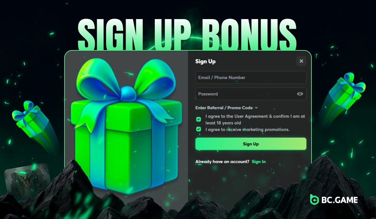 BC.Game Nigeria sign-up form with large green gift box symbolizing welcome bonus for new players.
