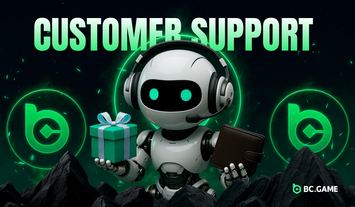 3D robot wearing headset holding a wallet and gift box with BC.Game logos on sides representing BC.Game Nigeria customer support service.