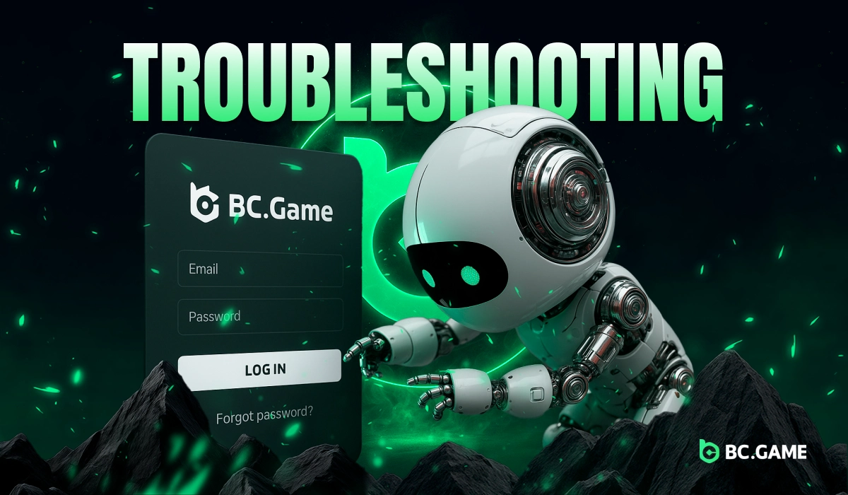 3D robot leaning toward BC.Game login form representing troubleshooting and login help for BC.Game Nigeria users.