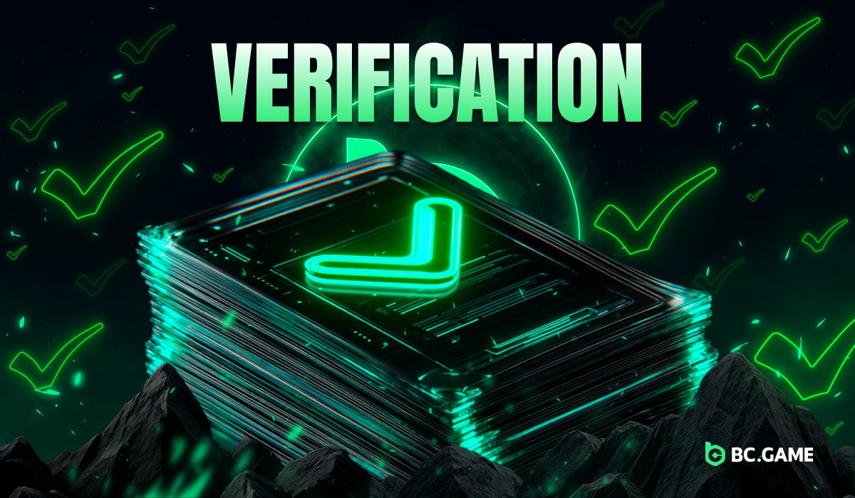 Stack of documents with a checkmark and glowing neon approval icons symbolizing BC.Game Nigeria account verification process.