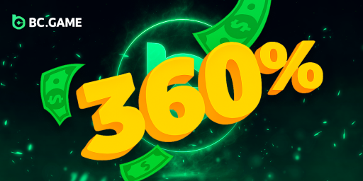 BC.Game Nigeria 360% welcome bonus promotion with floating dollar bills on glowing green background.