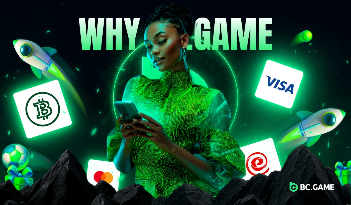 African woman holding smartphone with BC.Game Nigeria payment options including crypto, credit cards, and e-payment icons on bright green glowing background.